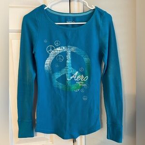 Aeropostale Y2K Long Sleeve Thermal Top Peace Sign Fitted Waffle Knit Vintage